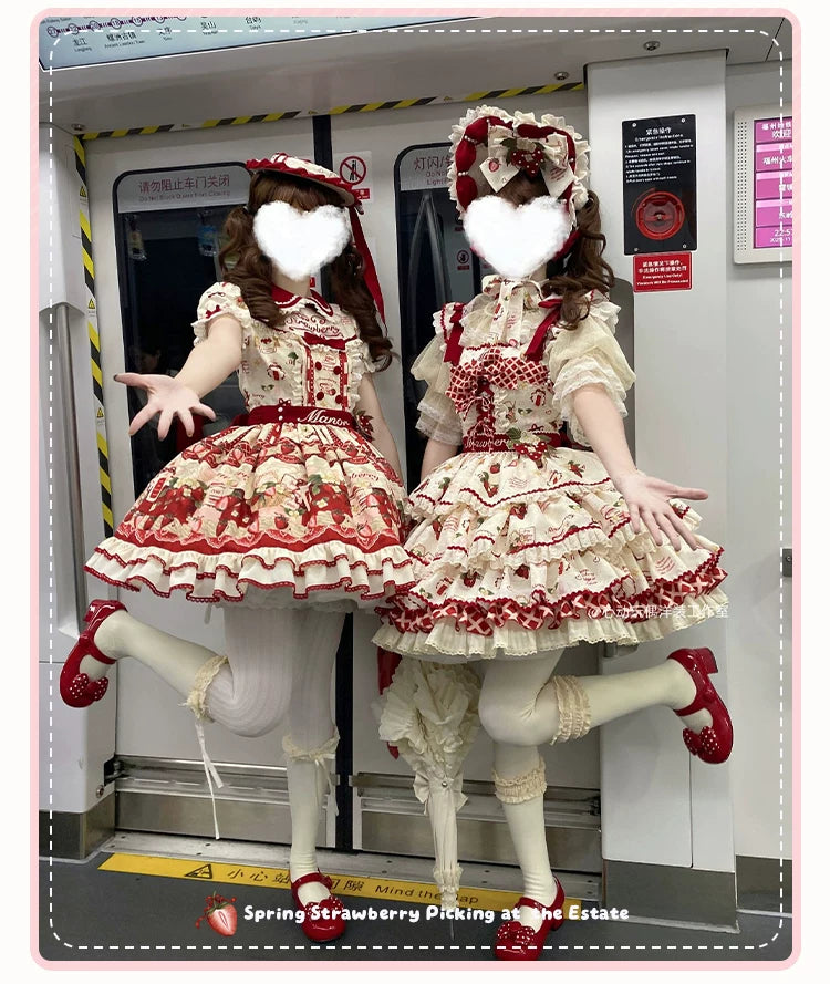 Strawberry Garden - Sweet Lolita JSK & OP Dress, Strawberry Print 44455:810023