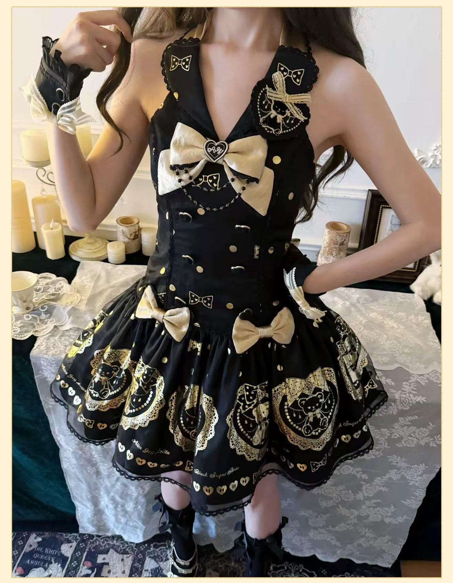 Brown Sugar Bear - Old School Lolita OP & Halter Dress, Bear Print 45249:842139