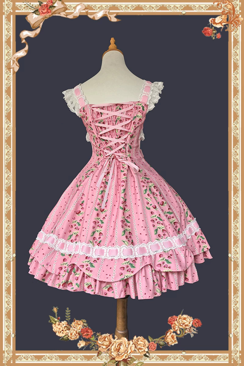 Berries & Strawberry - Old School Lolita JSK Dress Set, Strawberry Print 46097:874956