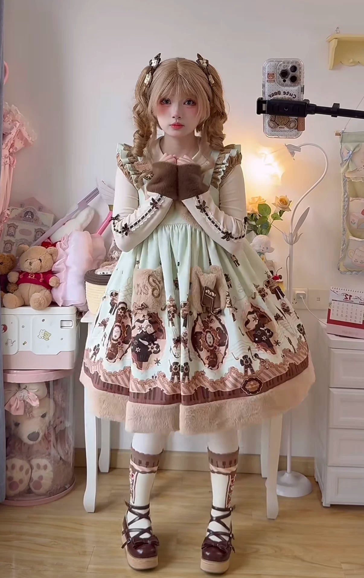 Cream Bear - Print Kawaii Lolita Fake Two-Piece OP, A-lined JSK Dress 44502:811677
