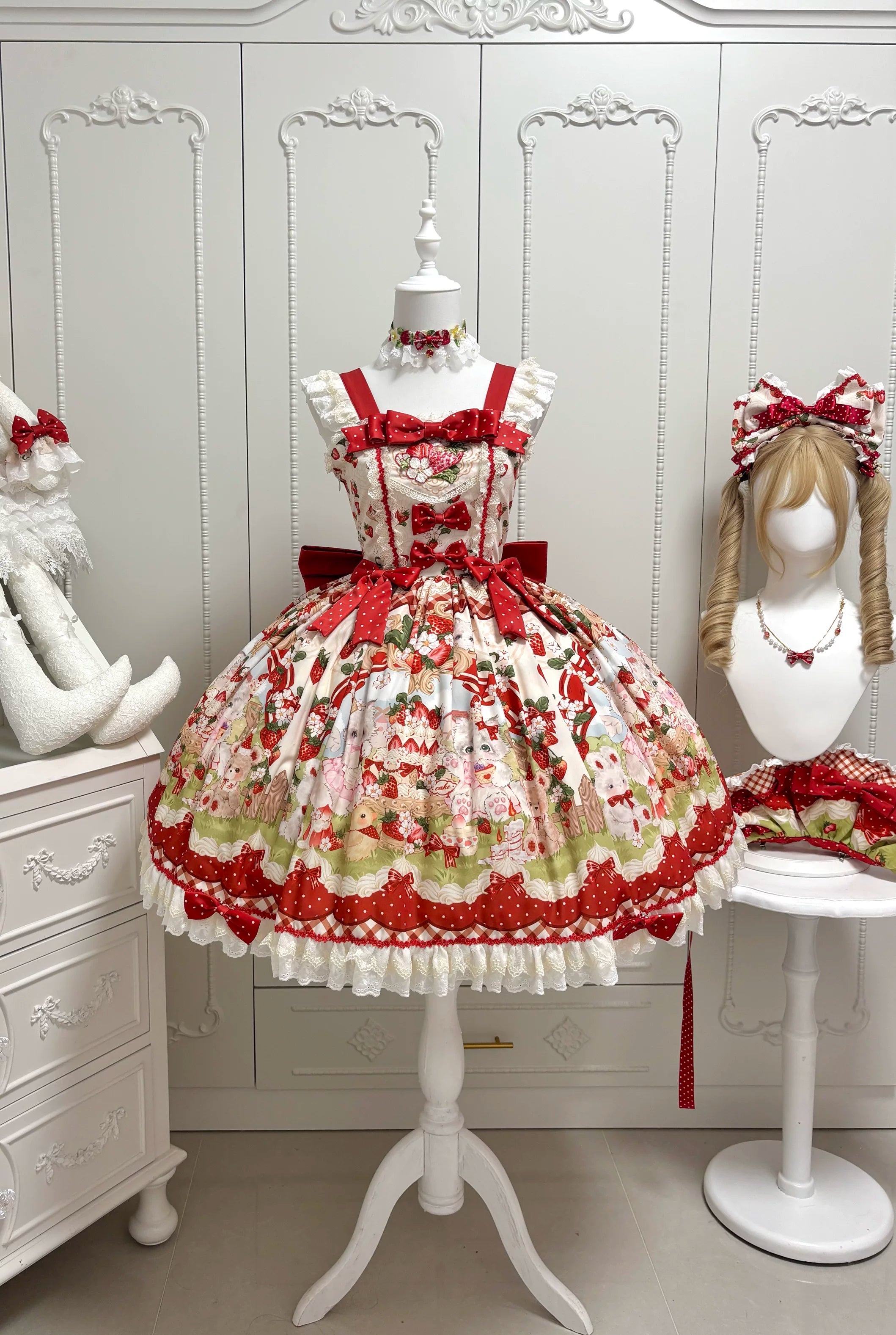 Strawberry Cat - Printed Sweet Lolita JSK Dress, Embroidered Strawberry Printed JSK + Trailing S
