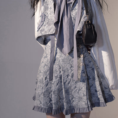 ZJstory~Gold Age~Retro Lolita Embossed Shirt Skirt and Floral Vest XS grey-blue skirt 