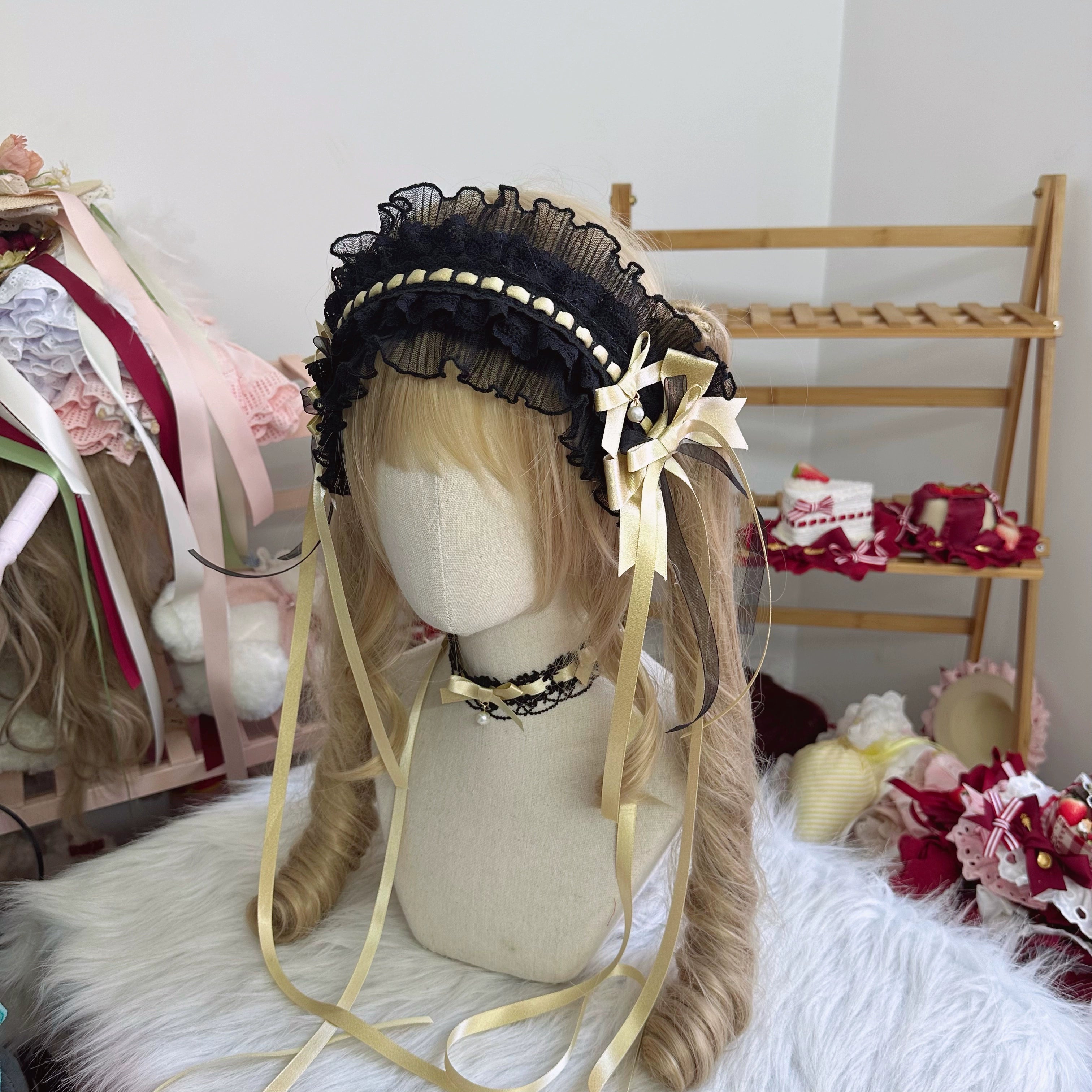 Chestnut Lolita - Sweet Lolita Headdress, Bow and Lace Decoration Black and Gold Hairband Only