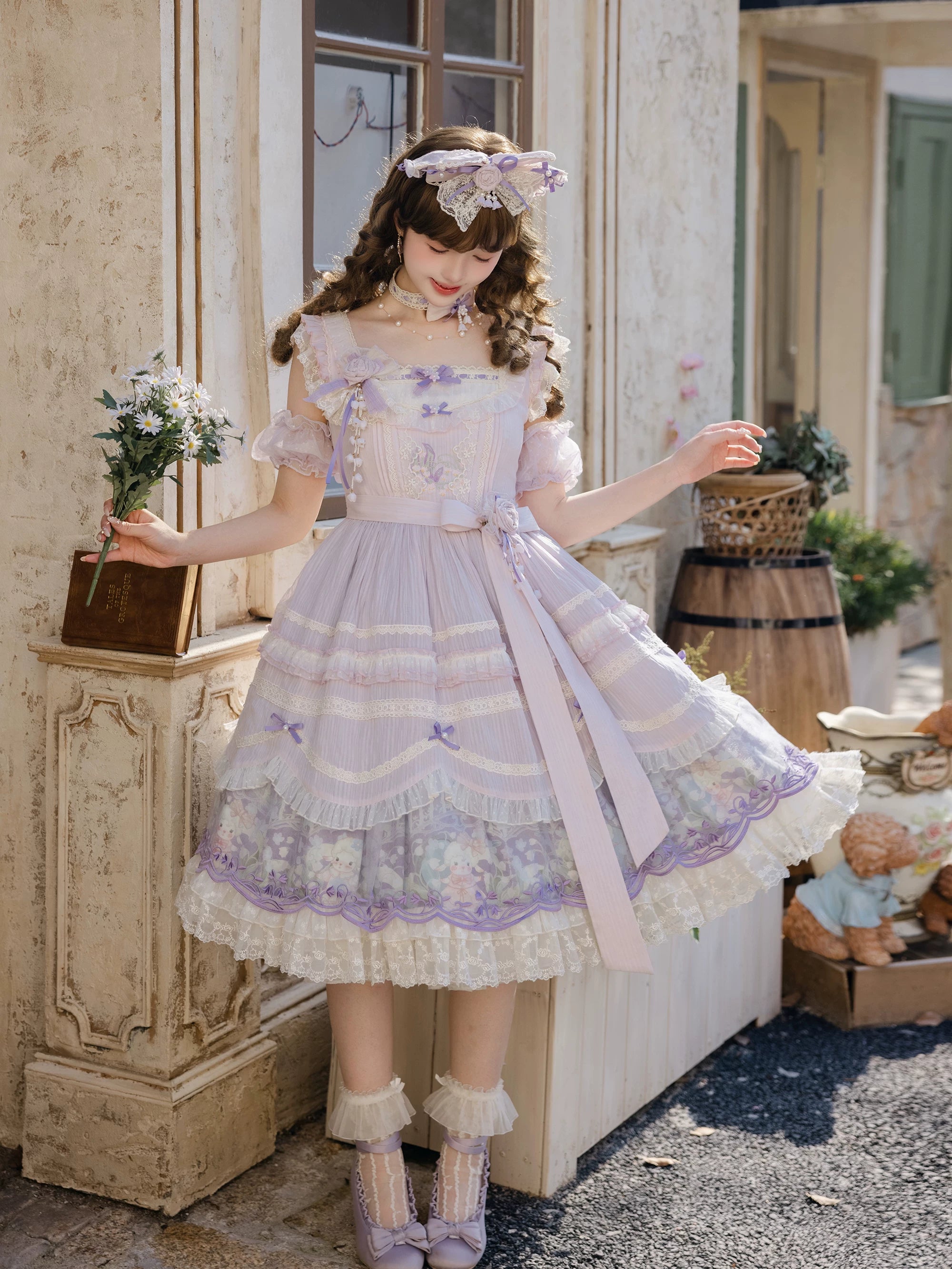 Lily of the Valley Lamb - Classic Lolita Tiered Hem JSK Dress with Embroidery 45277:852057