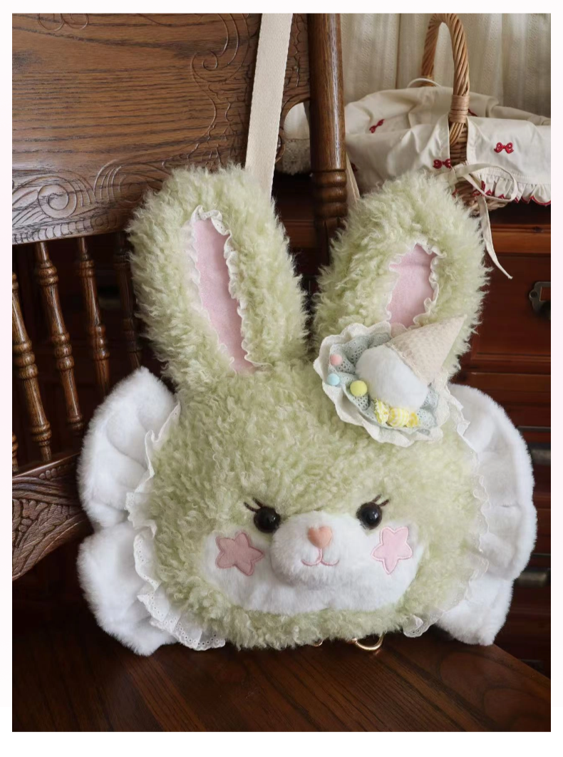 Cavernose - Sugar Star Bunny & Bear - Kawaii Lolita Bear & Bunny Plush Bag Medium size Green rabbit (with ice cream accessory)