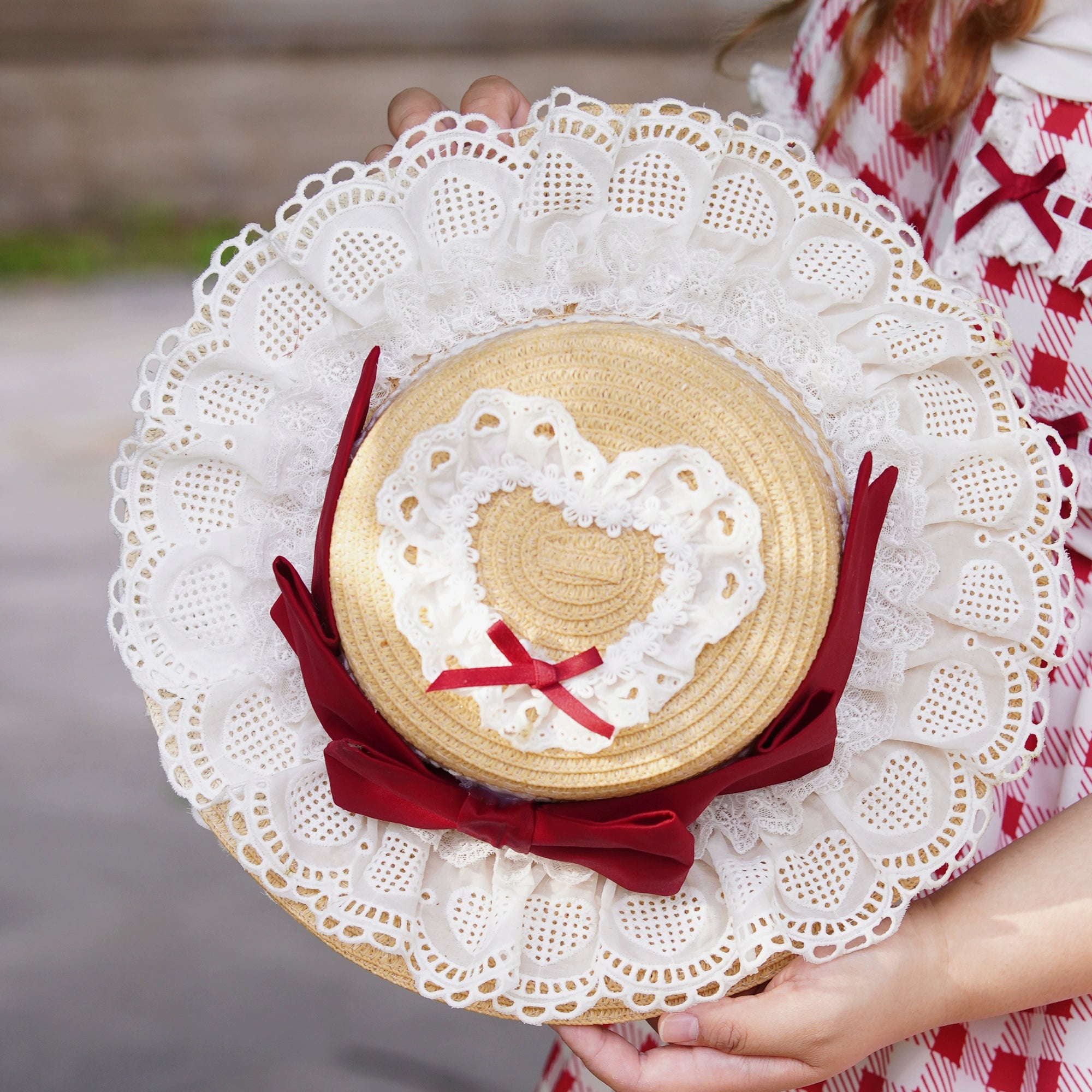 Chubby Cat Diary - Gingham Strawberry - Plus Size Country Lolita OP Dress Red Straw Hat Only (one size / choose M) S