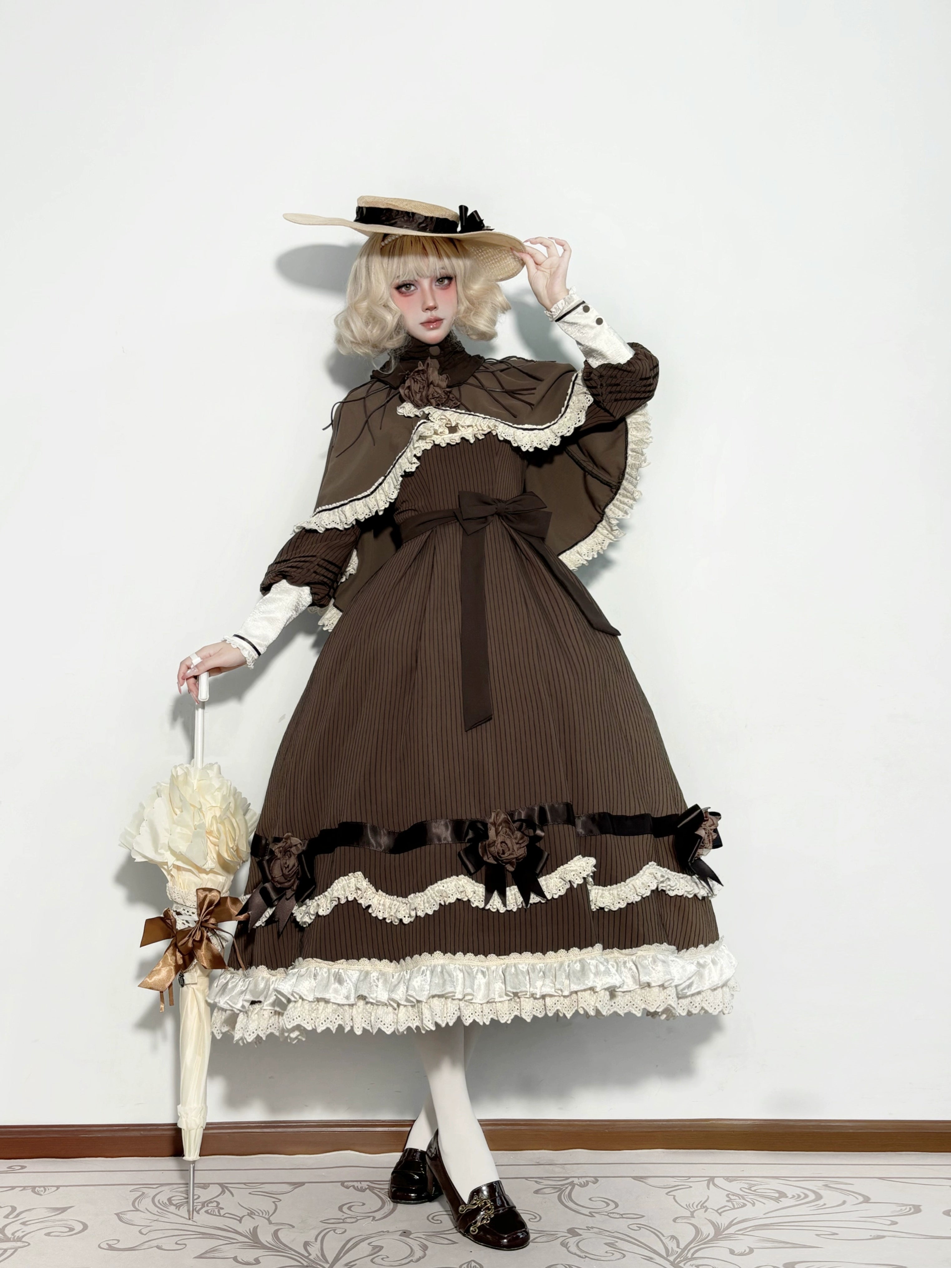 Muyu Handmade Studio - Evening Whispers of London - Brown Classic Lolita OP Dress, Mermaid Skirt Outfit 43993:791980