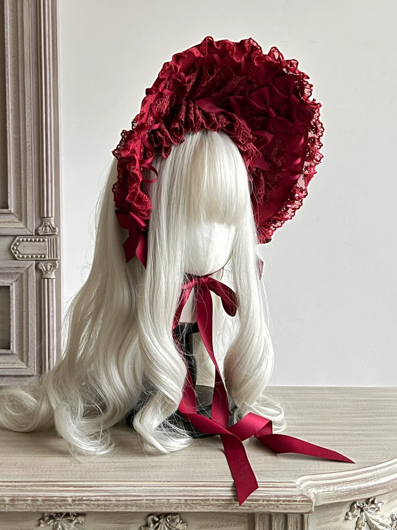 MAID~Gothic Lolita Lace Bonnet Wide Brim Bow BNT Headwear Wine Red  