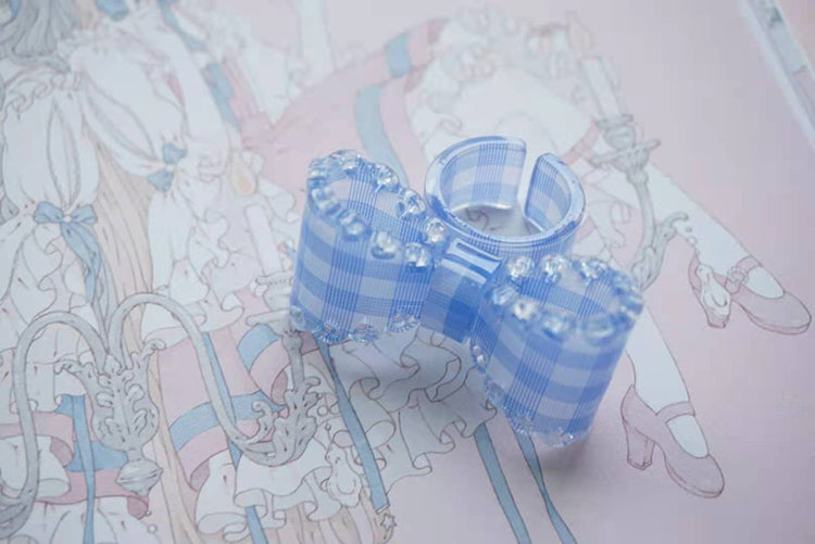 (Buyforme)Cat Tea Party~ Sweet Lolita Bow Ring and Necklace blue grid ring  