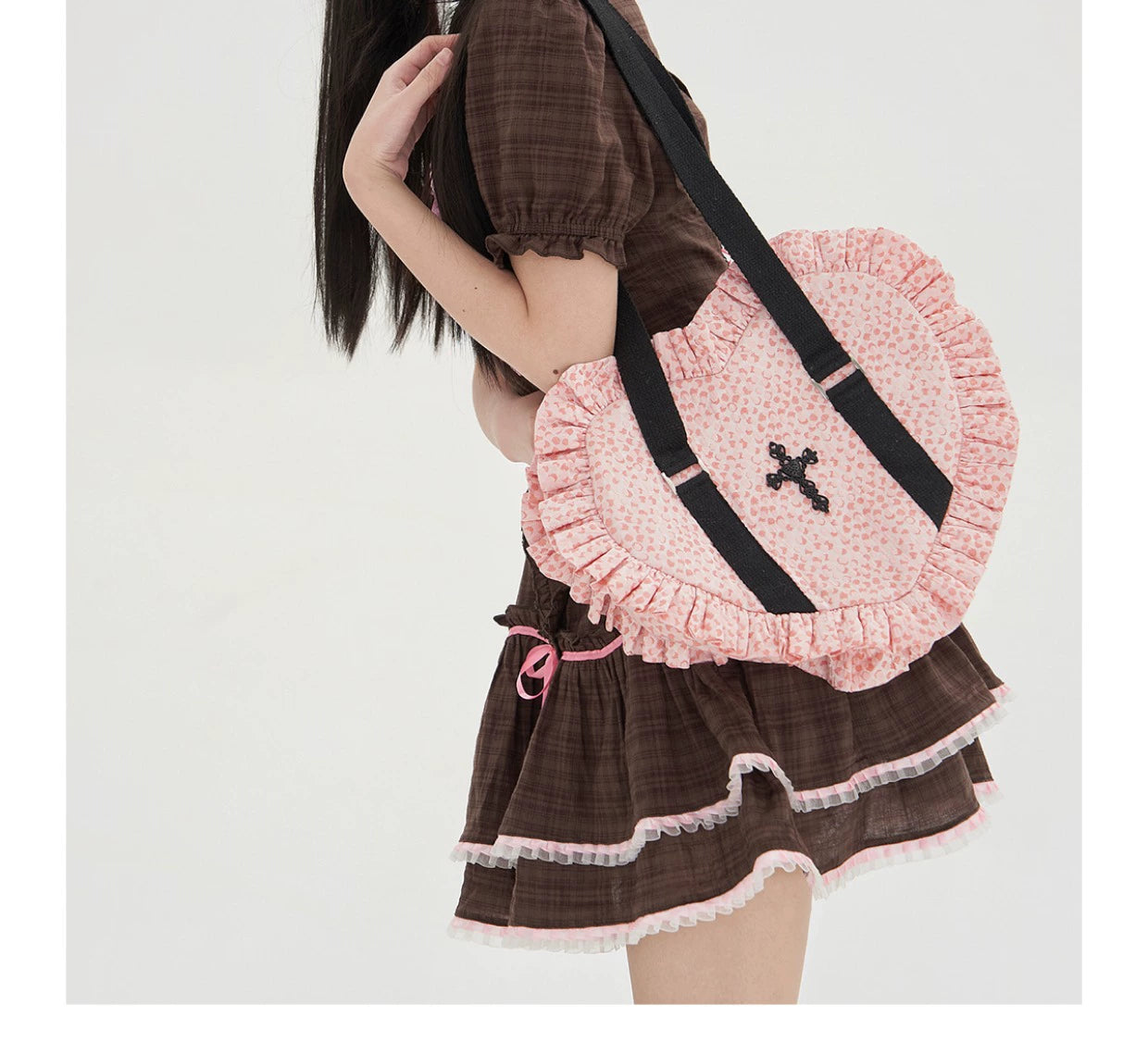 Soso Meme Club - Vintage Lolita Heart Shaped Plaid Dot Print JK Uniform Bag