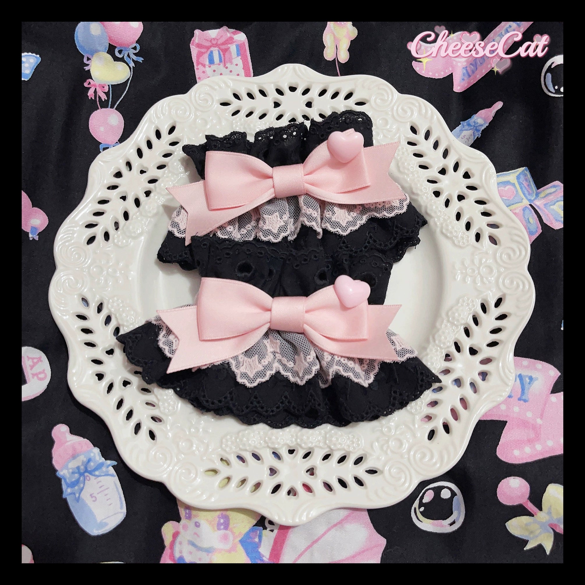 CheeseCat - Creamy Celestial - Sweet Lolita Cuffs Handmade Lace Cuffs Black x pink
