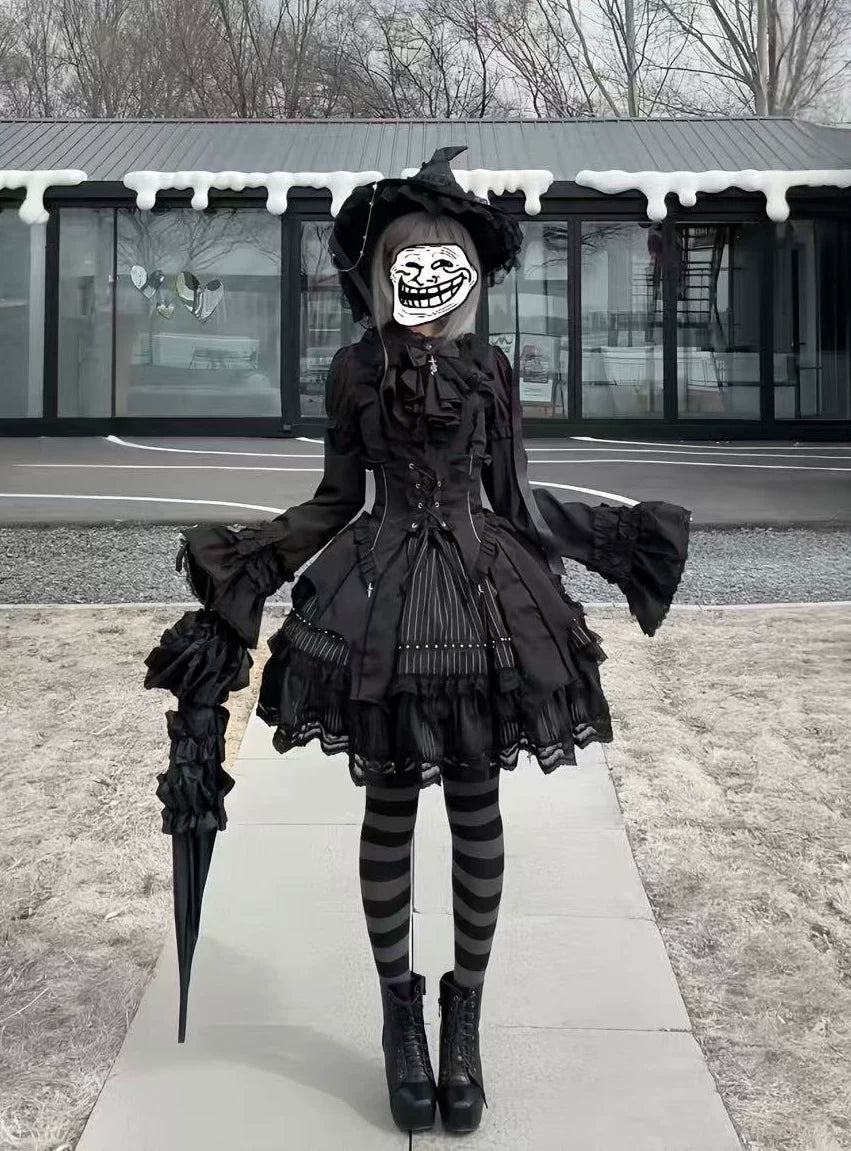 Trace Bone - Black Gothic Lolita SK & Waist Cincher Black Small Hime Sleeve Blouse + Waist Cincher + SK + Black Jabot XS