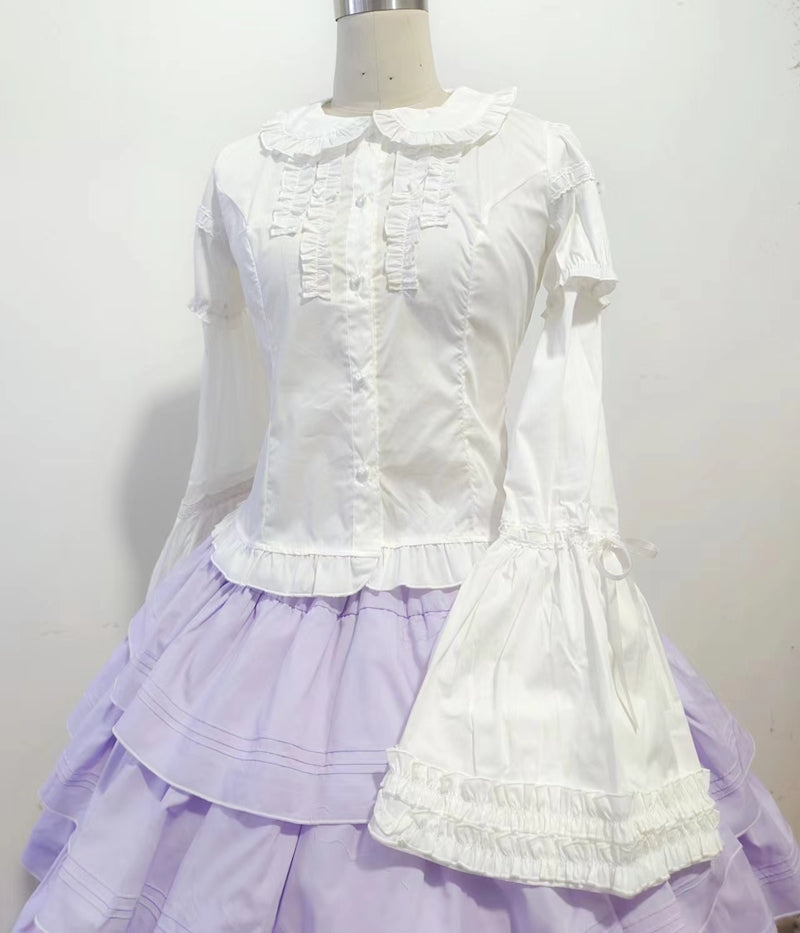 Sweet Angel - Daily Lolita Splicing Sleeve Shirt S white shirt with sleeves