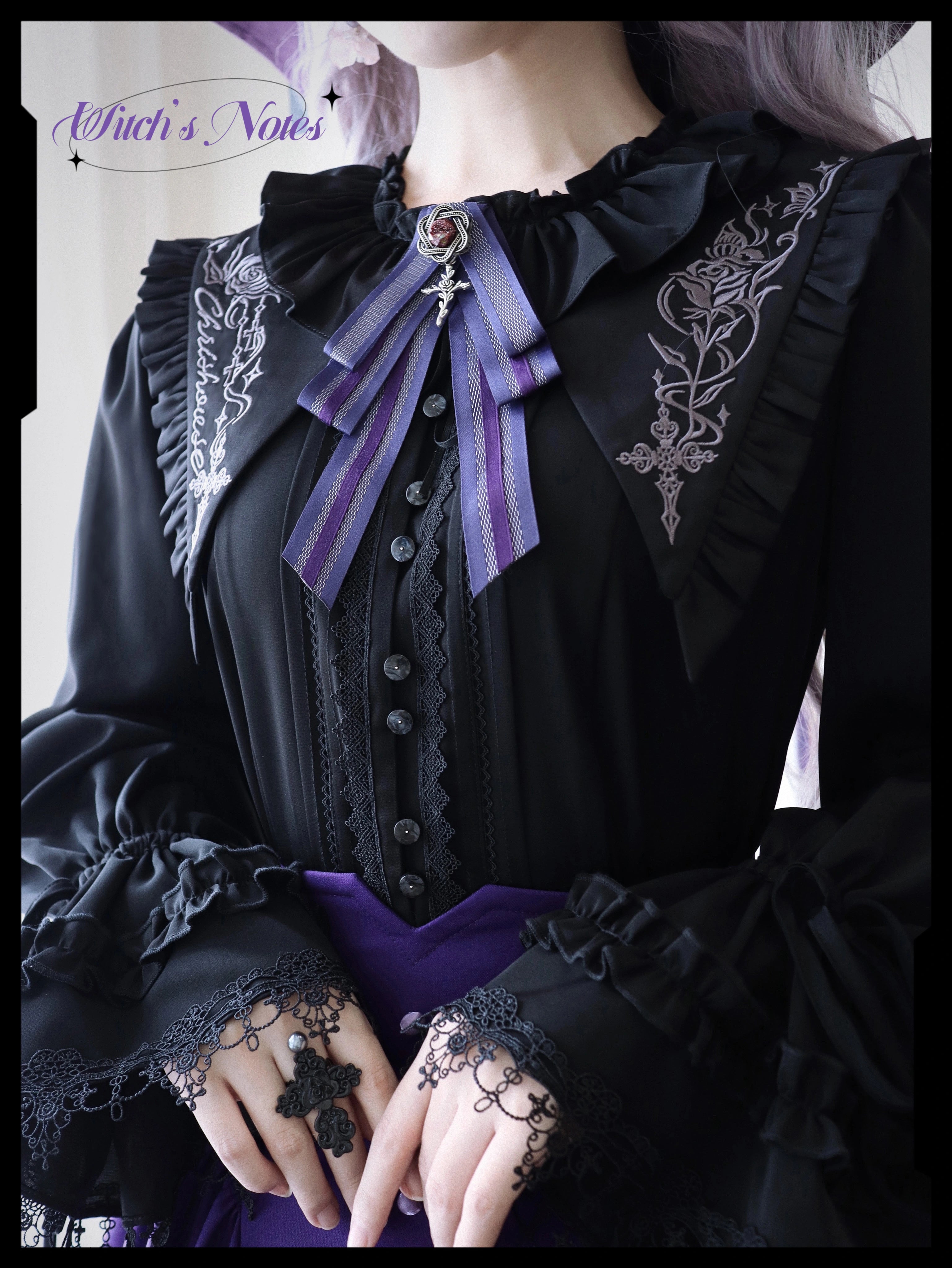Chris House Lolita - Witch Notes - Gothic Loliat Embroidered Dress Suit, Cross and Rose Print 44096:795026