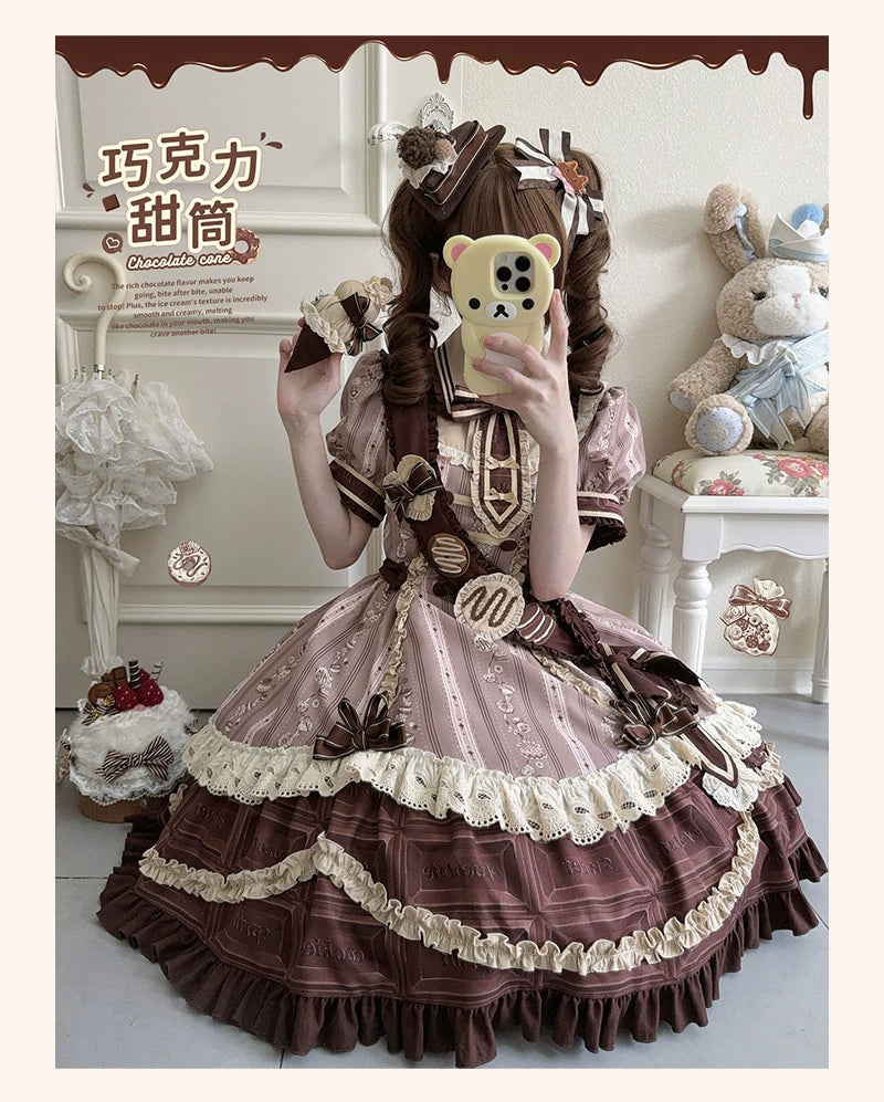 Chocolate Cone - Kawaii Lolita Dessert Print OP Dress, Detachable Sash Set 45782:862660
