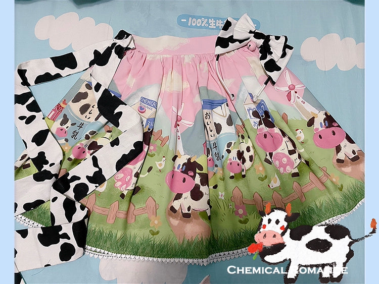 Chemical Romance - Sweetheart Farm - Sweet Lolita SK Cow Print Lolita Dress Long style (plain hemline) S Pink