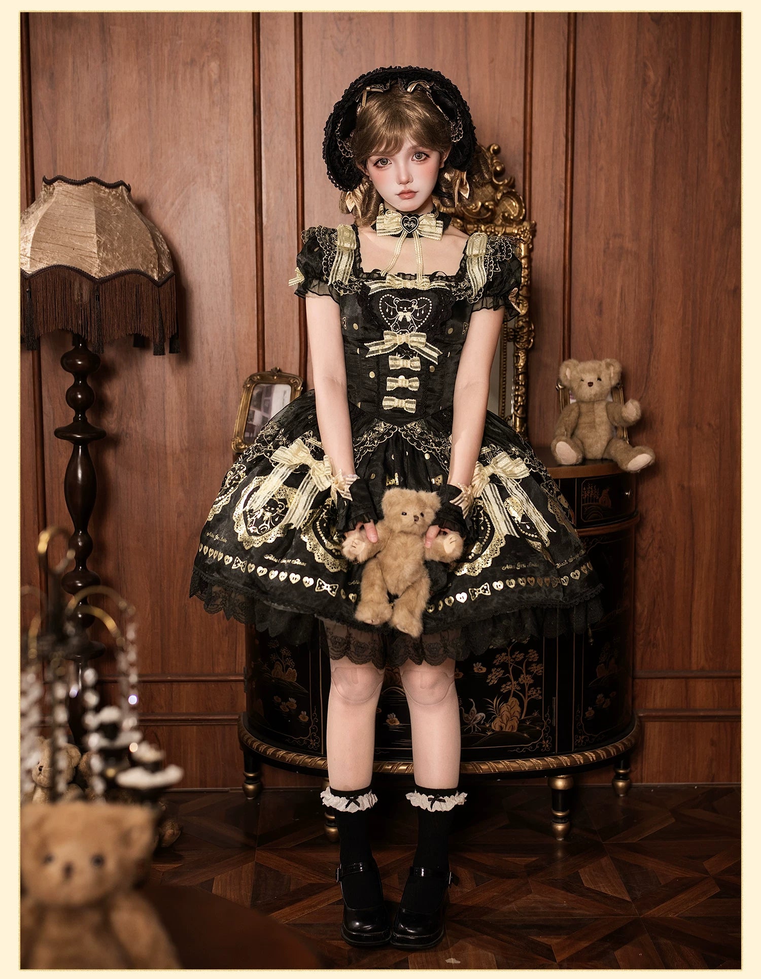 Brown Sugar Bear - Old School Lolita OP & Halter Dress, Bear Print 45249:842104