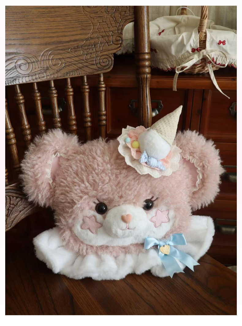 Cavernose - Sugar Star Bunny & Bear - Kawaii Lolita Bear & Bunny Plush Bag Medium size Pink bear (with ice cream accessory) - pre order