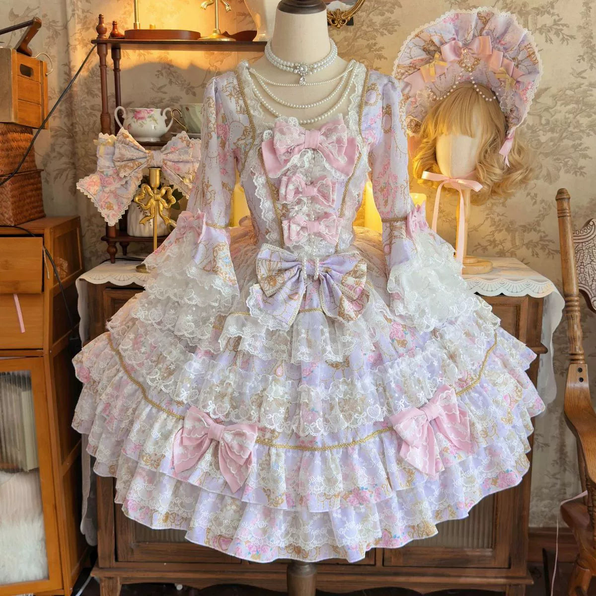 Hanguliang - Candlelight Sonata - Sweet Lolita Long Sleeve OP, Tiered Ruffles (L M S) 43988:790920