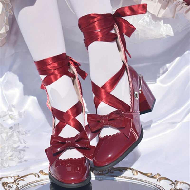 MR.Qiutian - Muse Kiss - Elegant Lolita Shoes Lace-up Bow Heels Round Toe 35 Shiny Burgundy-6cm Heel Height