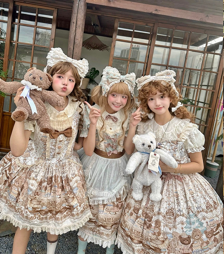 Wendy's Wardrobe - Macaron Bear - Cotton Kawaii Lolita Dress Suit, Bear & Dessert Print