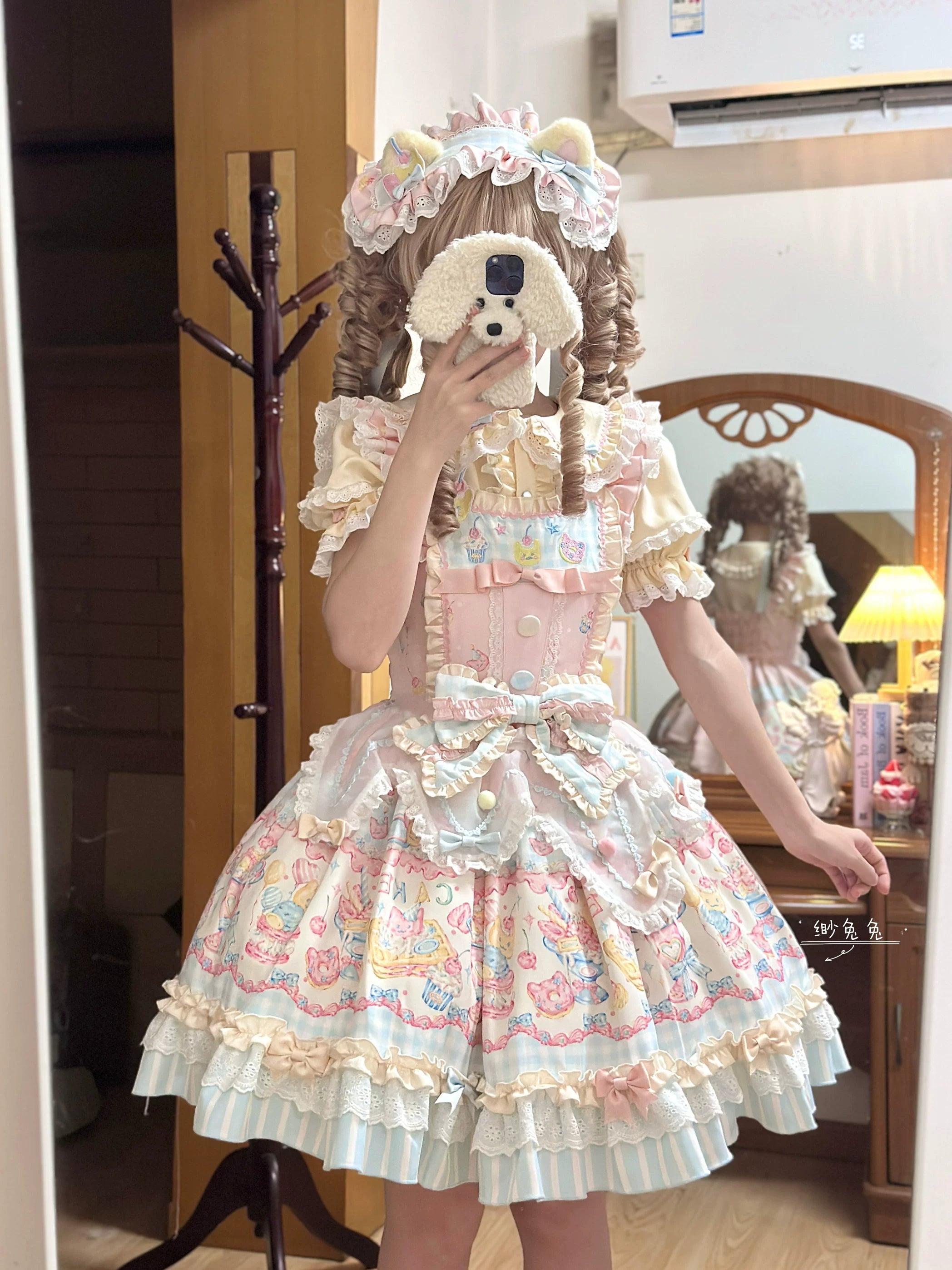 Sweet Cat Fruit Candy - Sweet Lolita Dessert Printed JSK Dress, Bows & Ruffles