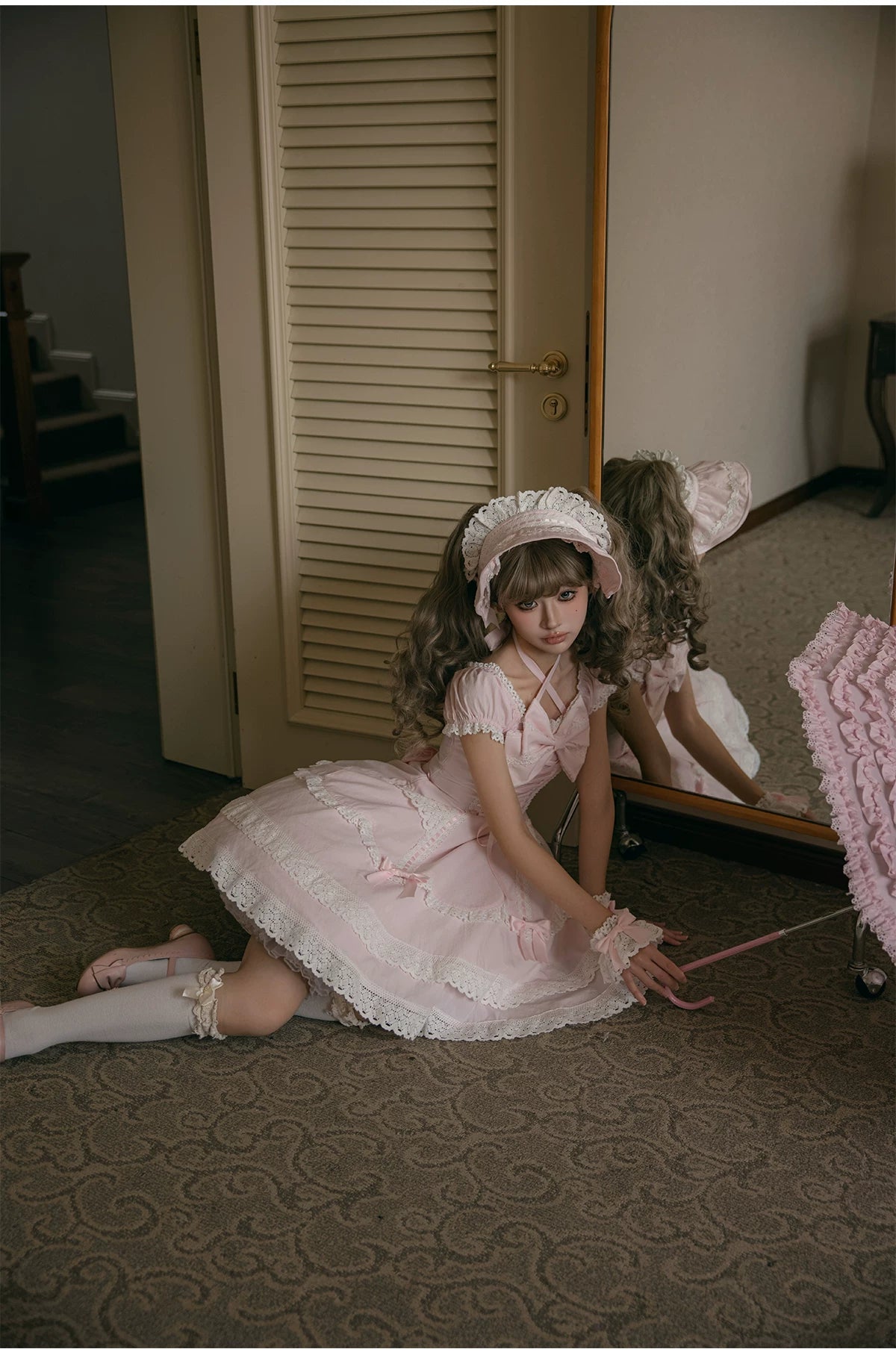Showa Sweetheart - Old School Lolita OP Dress, Ruffled Lace Hem 45887:866806