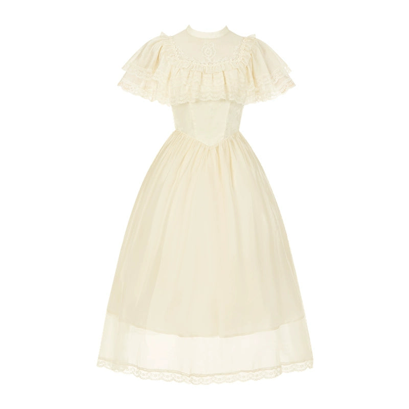 With PUJI - Morning Mist Estate - Twins Classic Lolita OP Dress, Edward Collar Beige - Squre Neckline OP Only - Pre Order S