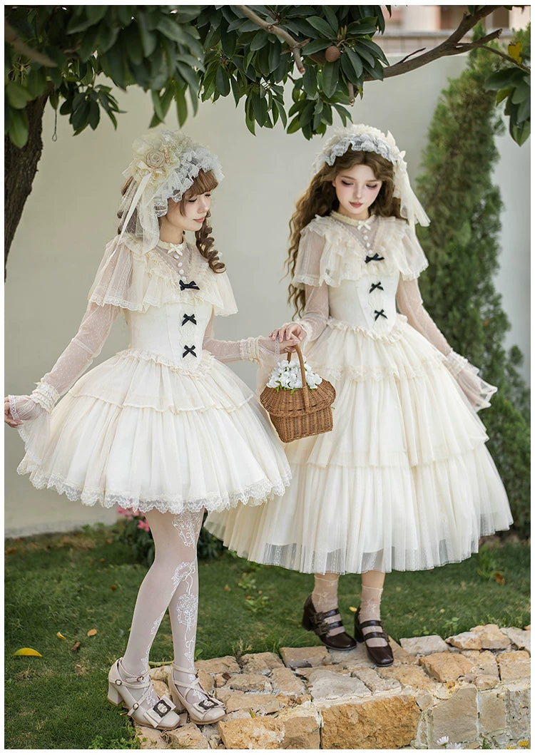 White Mist Promise - Classic Lolita Corset OP Set, Edwardian Collar & Tiered Hem 45173:838325