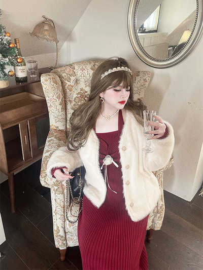 Yingtang~Sweet Lolita Coat Knitted Dress Set Plus Size 2XL beige coat 