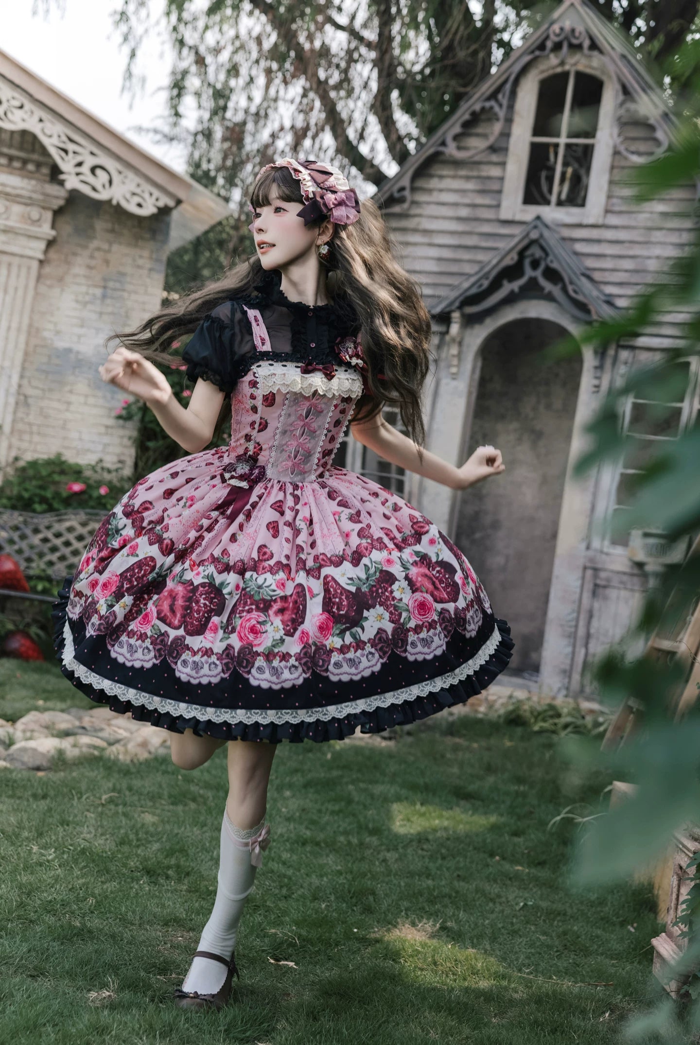 Dark Berry Fairytale - Cotton Sweet Lolita Strawberry Printed OP & JSK Dress 45629:856432