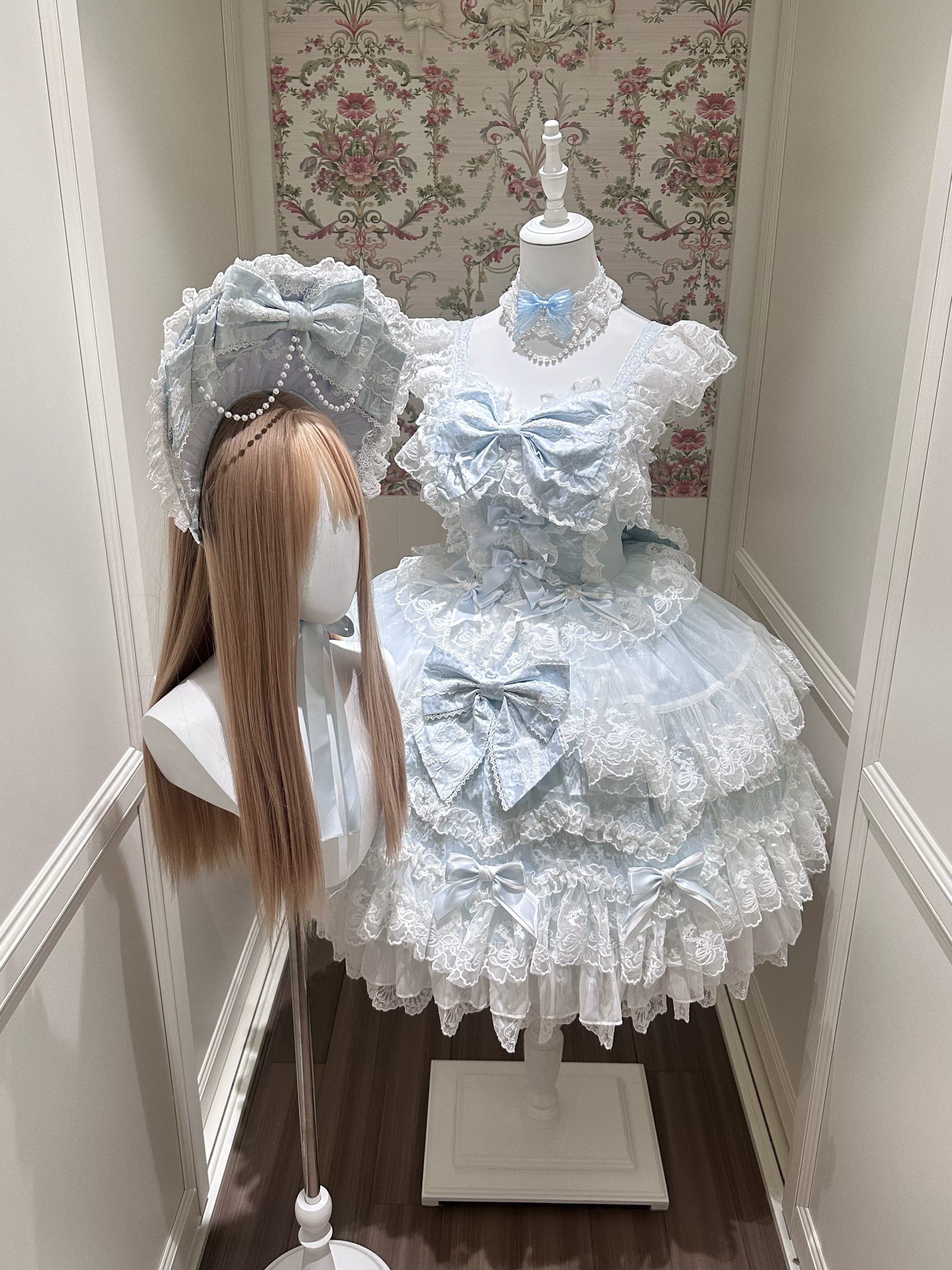 Sakura Blossom Dream - Dreamy Sweet Lolita JSK Dress, Abundant Lace & Bows Blue - JSK + Back Trailing Bow + Choker +BNT S