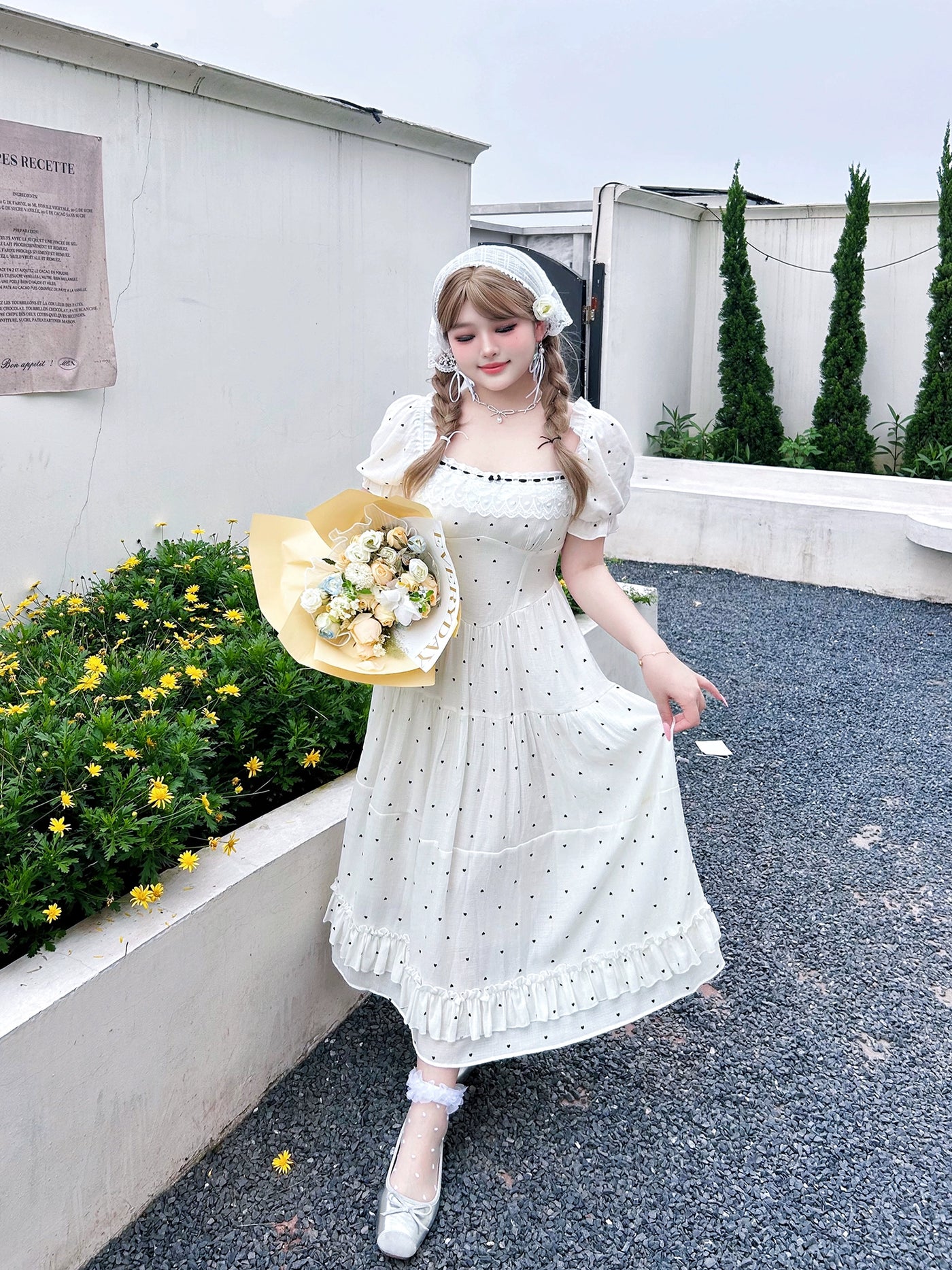 Yingtang~Sweet Lolita Dress Plus Size Polka Dot White Black Short Sleeve OP white dress XL 