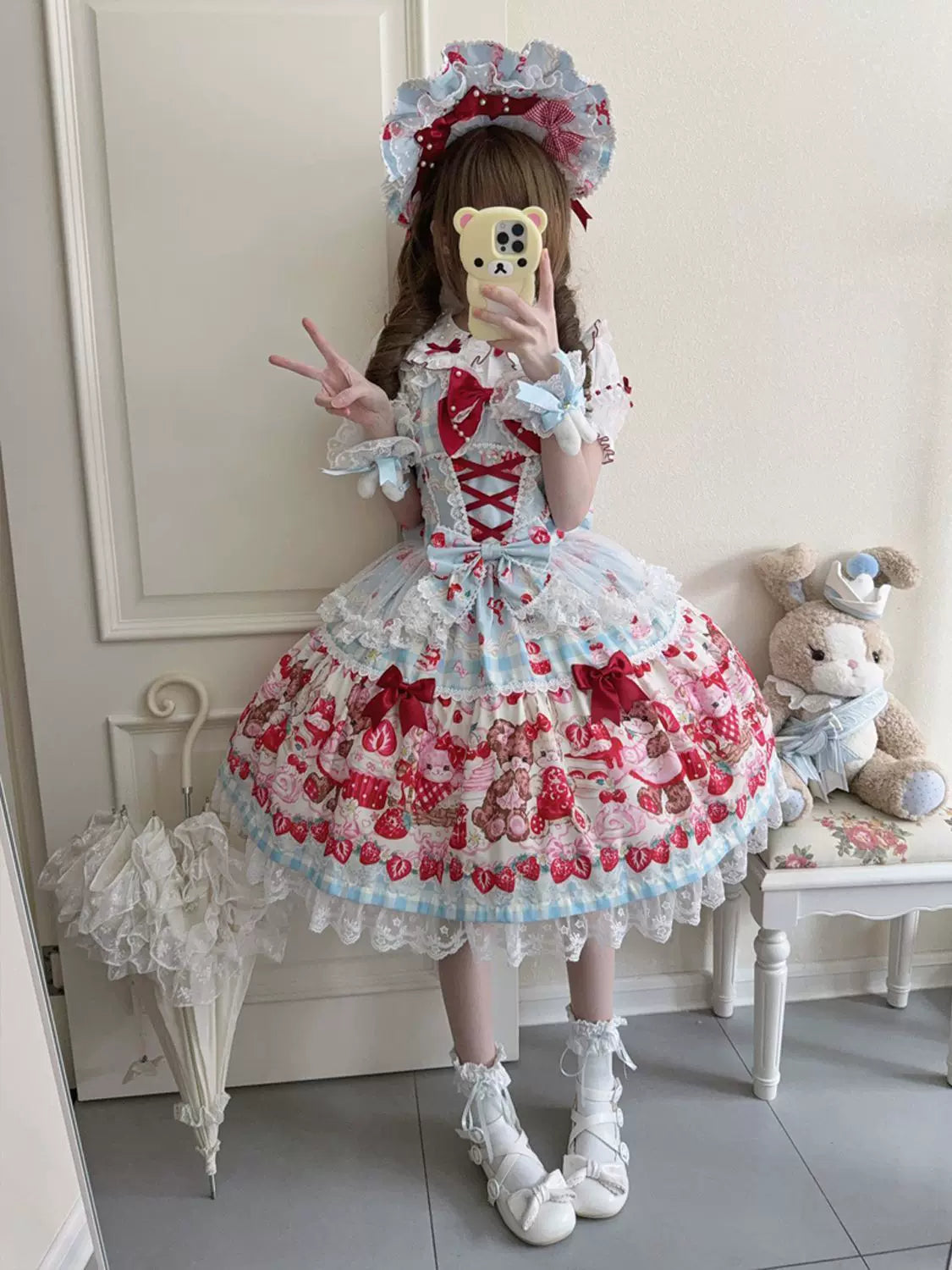 SweetBerry Bunny Bear - Sweet Lolita Tiered Lace JSK Dress, Strawberry and Bear Print