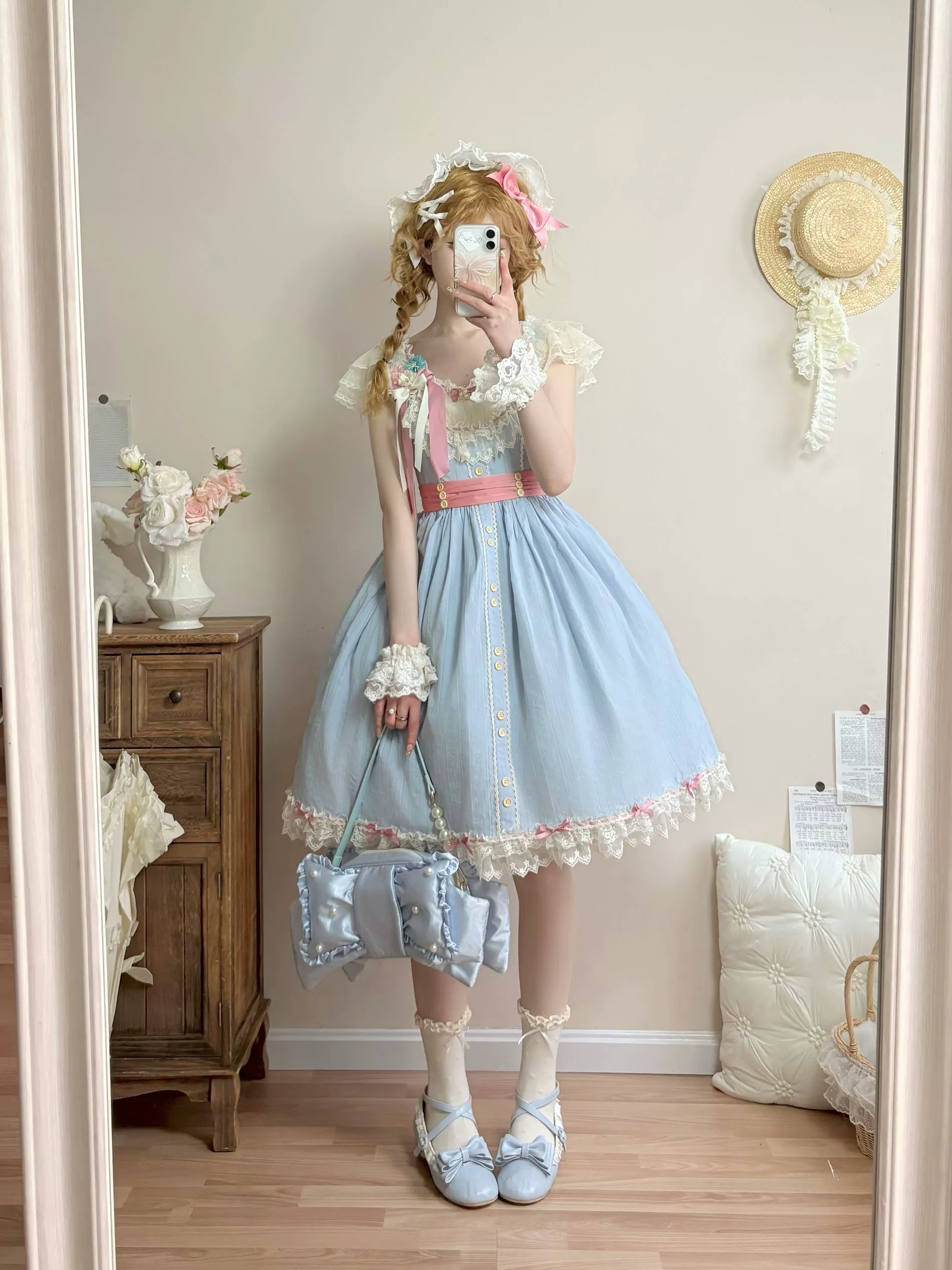 Uncle's Workshop - Fluttering Cherry Spring Strings - Cotton Sweet Lolita JSK Dress (L M S) 42196:776721