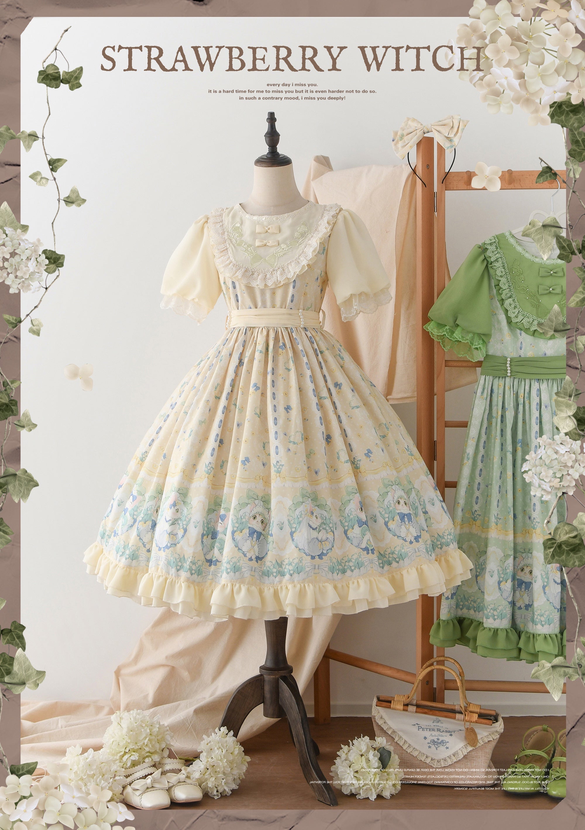 Strawberry Witch - Lily of the Valley Kitten - Country Lolita OP with Embroidery and Cat Print Beige OP - short sleeves S OP Only