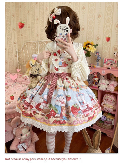 Akiyama Future Studio~Strawberry Sheep~Sweet Lolita Salopette Strawberry Sheep Print Dress S A pair of side clips 