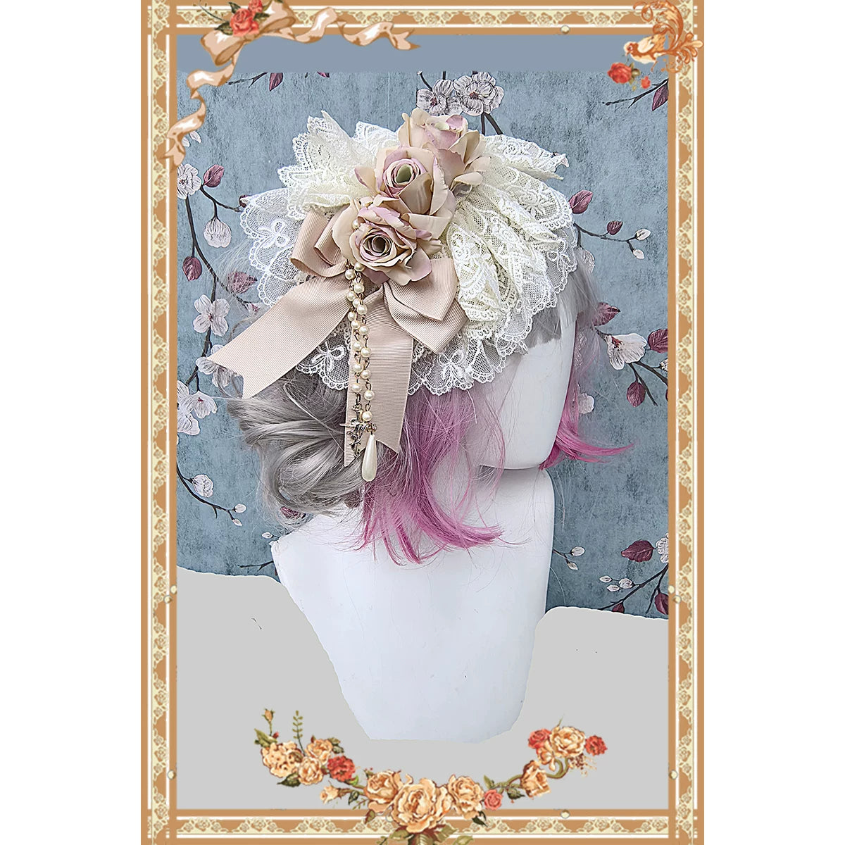 Elegant Lolita Hanamaru Hair Clip, Rose Bow & Pearl-like Chain 46096:874855
