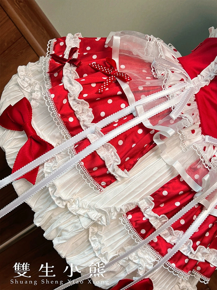 Shuang Sheng Xiao Xiong - Bite The Cake - Sweet Lolita Dress, Red & White Polka Dots 43600:780715