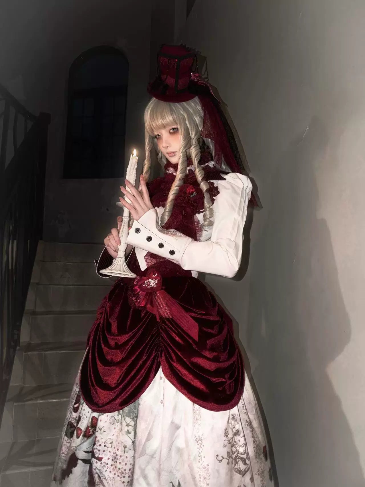 Monster Strawberry Hunt - Gothic Lolita Strawberry Printed Velvet Dress Set 45737:859888