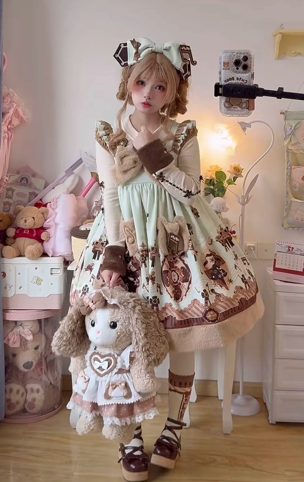 Cream Bear - Print Kawaii Lolita Fake Two-Piece OP, A-lined JSK Dress 44502:811642