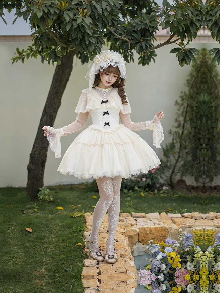 White Mist Promise - Classic Lolita Corset OP Set, Edwardian Collar & Tiered Hem 45173:838326