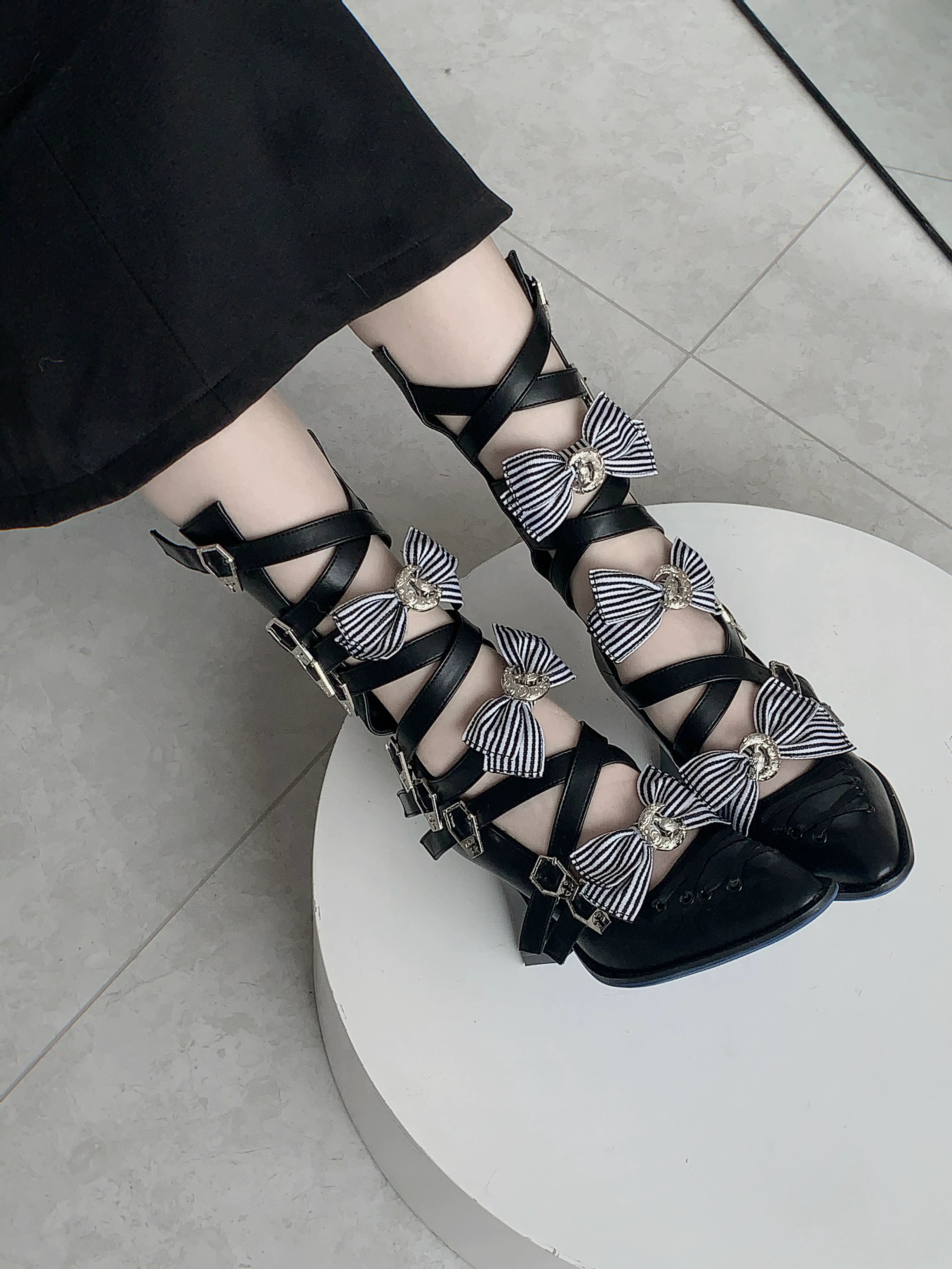 Moon-Raven Dream - Gothic Lolita Pointed Toe Heeled Boots, Cross Strap (34 35 36 37 38 39 40 41) 45893:867091