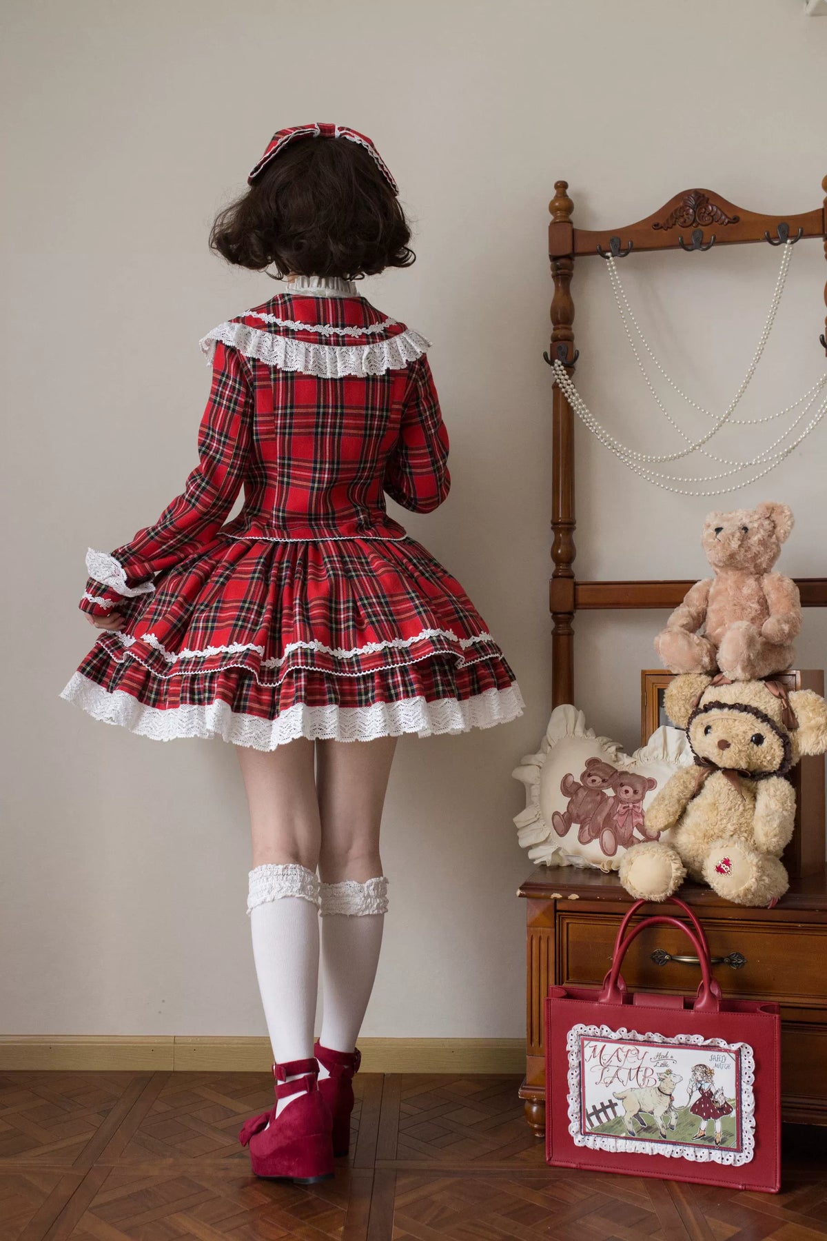 Christmas Knot - Christmas Old School Lolita Jacket & Skirt Set, Red Plaid 46051:873290