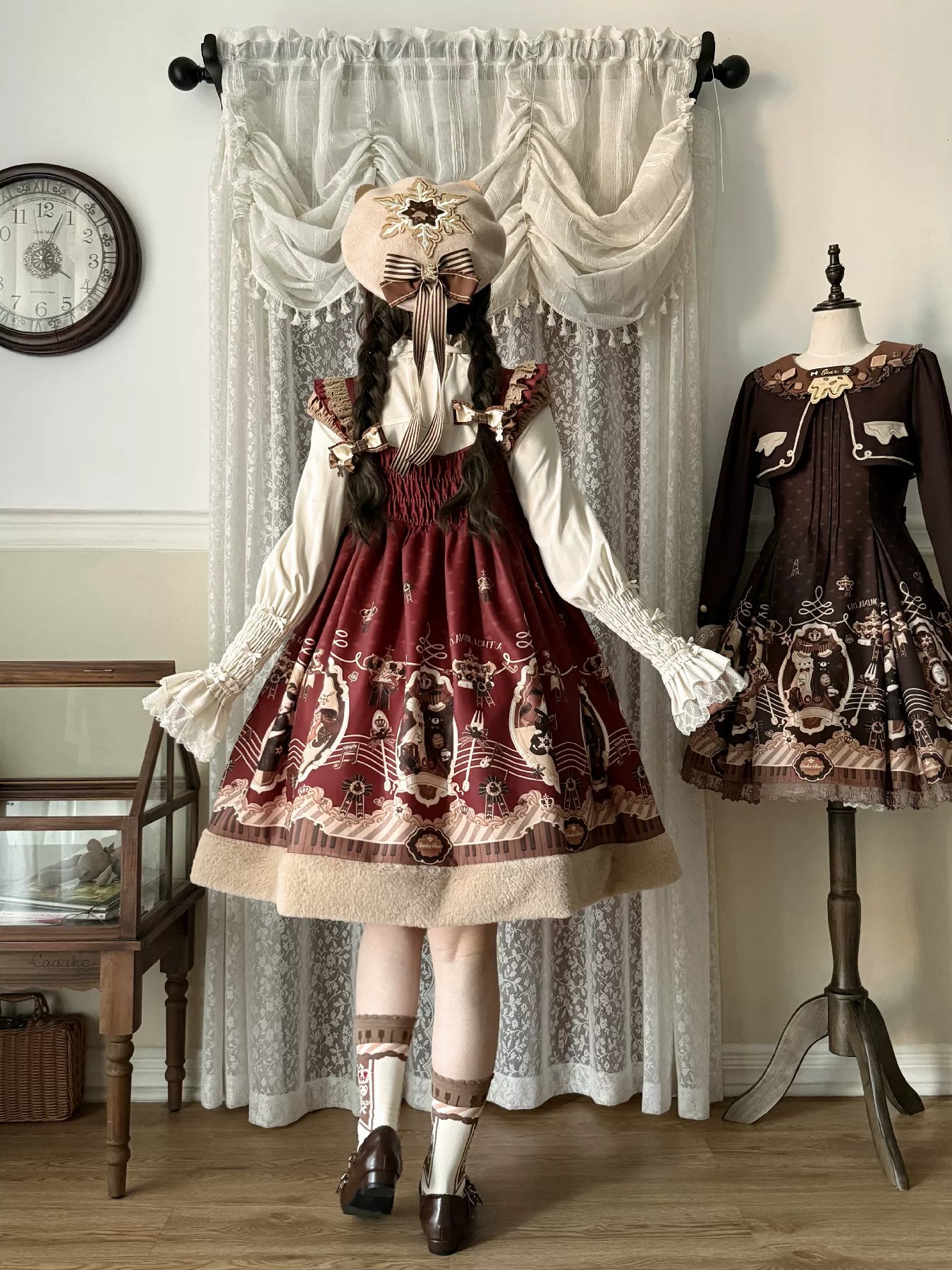 Cream Bear - Print Kawaii Lolita Fake Two-Piece OP, A-lined JSK Dress 44502:811652
