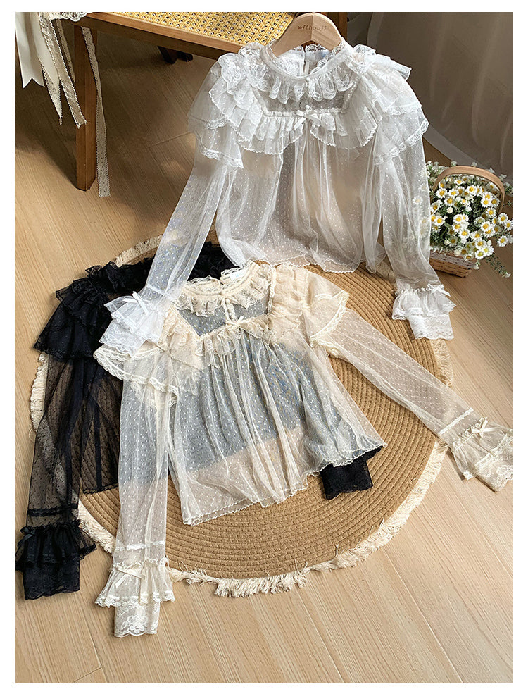 With PUJI~Letters and Poems~Summer Classic Lolita Shirt with Dotted Tulle and Long Sleeve 42792:753875