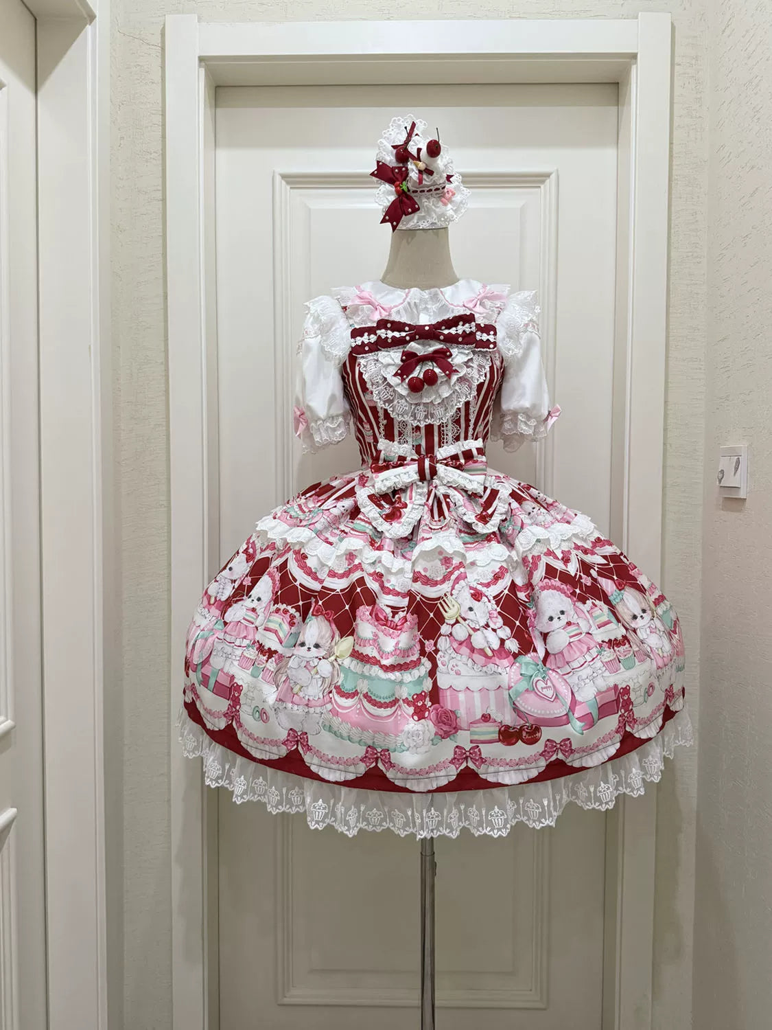 Hanguliang - Cherry Bake Song - Kawaii Lolita JSK Dress With Dessert Print & Cherry Bow Red JSK Only S