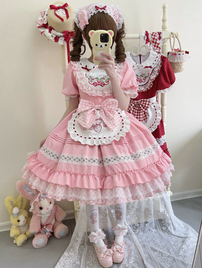 Sugar Girl~Strawberry Tea~Sweet Red Lolita OP Dress Short Sleeve Apron Dress S Pink OP 