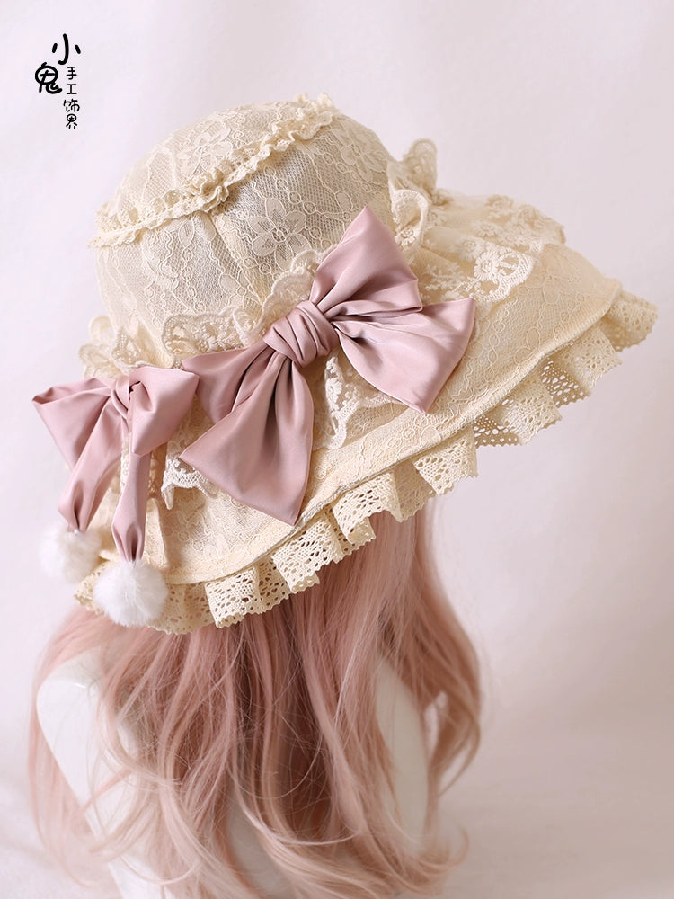 Xiaogui - Retro Lolita Hat Lace Handmade Doll Hat with Multicolor Bows