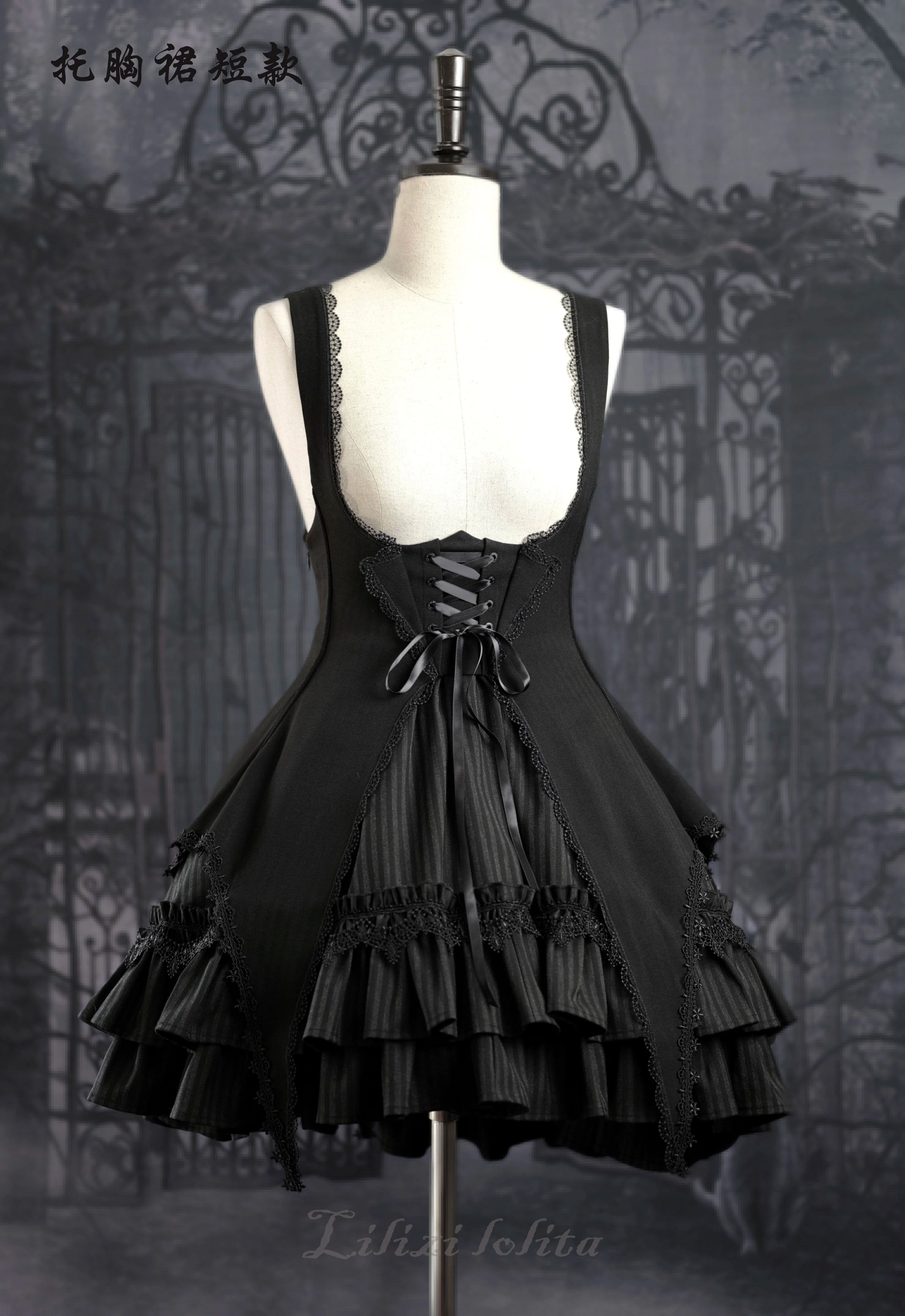 Lilizi~Redemption Song~Gothic Lolita OP Dress Cross Embroidery Tiered Hem XS bust-supporting dress (short version) (L M S XL XS) 37626:564362